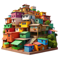 extraordinary modern A colorful favela built on a hillside, vibrant paint and corrugated metal, bright sunlight, rendered in a realistic, documentary style authentic png