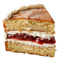 Delicious Slice of Vanilla Cake with Cream and Raspberry Jam on White Background png