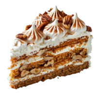 Delicious slice of layered cake with creamy frosting, nuts, and decorative meringue topping png