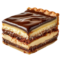 Delicious layered dessert with chocolate glaze, creamy filling, and crispy edges png