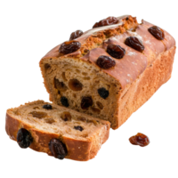 Freshly Baked Raisin Bread Loaf on White Background with Sliced Piece Showing Interior Texture png