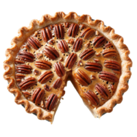 Delicious Pecan Pie with Golden Crust and Sliced Portion on White Background png