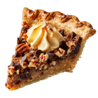 Delicious Slice of Chocolate Pecan Pie with Whipped Cream on Top in Close-Up View png