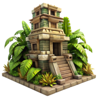 dramatic artistic An ancient Mayan temple, intricate stone carvings and overgrown vines, dappled jungle light, rendered in a historical, realistic style professional png