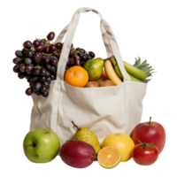 Fresh Mixed Fruits and Vegetables Displayed in a Reusable Tote Bag against a White Background png