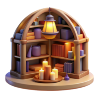 extraordinary creative A cozy bookstore filled with towering shelves, warm lamplight and scattered books, inviting, intimate lighting, rendered in a vintage style high resolution png