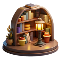 stunning minimalist A cozy bookstore filled with towering shelves, warm lamplight and scattered books, inviting, intimate lighting, rendered in a vintage style genuine png