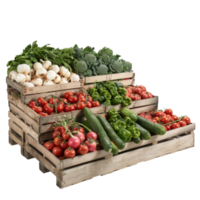 Fresh Organic Vegetables Displayed in Wooden Crates at a Local Farmers Market png