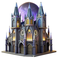 impressive artistic A towering gothic skyscraper, intricate gargoyles and stained glass windows, illuminated by a soft moonlight, art nouveau style detailed png