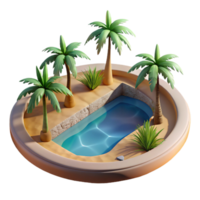 elegant traditional A desert oasis with palm trees and a shimmering pool, warm, midday sunlight, photorealistic style high resolution png