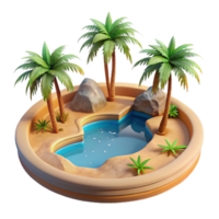 vibrant modern A desert oasis with palm trees and a shimmering pool, warm, midday sunlight, photorealistic style authentic png
