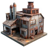 serene modern An abandoned factory with rusted machinery and broken windows, dim, industrial lighting, dystopian style premium png