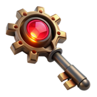 dramatic vintage A close-up of a steampunk key with intricate gears, symbols, and a glowing red gemstone. Soft, diffused lighting, fantasy style detailed png