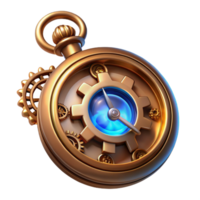 magnificent rustic A detailed illustration of a steampunk pocket watch with intricate gears, Roman numerals, and a glowing blue crystal center. Soft, diffused lighting, vintage style detailed png