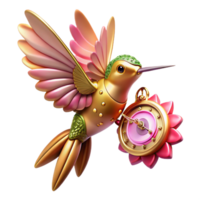 magnifico artistico un' steampunk colibrì con intricato ottone Ali e raggiante rosa piume, librarsi vicino un' orologeria fiore. luminosa, colorato illuminazione, capriccioso stile originale png