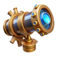impressive rustic A detailed illustration of a steampunk telescope with intricate gears, lenses, and a glowing blue crystal eyepiece. Soft, diffused lighting, vintage style premium png