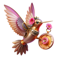 bellissimo classico un' steampunk colibrì con intricato ottone Ali e raggiante rosa piume, librarsi vicino un' orologeria fiore. luminosa, colorato illuminazione, capriccioso stile alto risoluzione png
