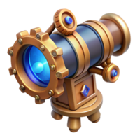 elegant creative A detailed illustration of a steampunk telescope with intricate gears, lenses, and a glowing blue crystal eyepiece. Soft, diffused lighting, vintage style high resolution png