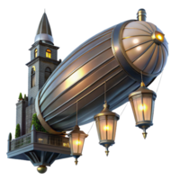 serene classic A steampunk zeppelin floating above a bustling city, illuminated by flickering gaslights and searchlights. Dramatic lighting, noir atmosphere authentic png