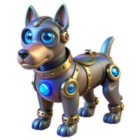 serene contemporary A steampunk robotic dog with intricate gears, glowing blue eyes, and a leather collar. Soft, diffused lighting, whimsical style professional png