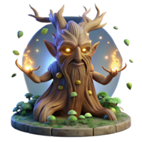 serene classic An ancient, gnarled tree spirit with glowing runes carved into its bark, surrounded by swirling fireflies, lit by the soft glow of a full moon. Art style ethereal digital art 4K png