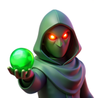 magnificent rustic A mysterious, hooded figure with glowing red eyes, holding a glowing orb, illuminated by an eerie green light. Art style dark fantasy art exclusive png
