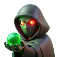 beautiful artistic A mysterious, hooded figure with glowing red eyes, holding a glowing orb, illuminated by an eerie green light. Art style dark fantasy art premium png