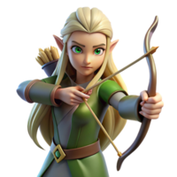 elegant creative A graceful elf with pointed ears and long, flowing hair, wielding a bow and arrow, illuminated by dappled sunlight. Art style realistic fantasy art premium png