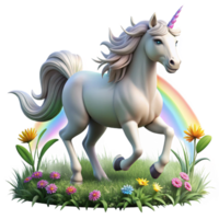 stunning classic A majestic unicorn with a silver horn and flowing white mane, galloping through a field of wildflowers, illuminated by a rainbow. Art style fantasy painting authentic png