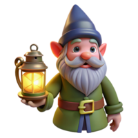 serene traditional A curious gnome with a pointed hat and a bushy beard, holding a glowing lantern, illuminated by the warm light of the lantern. Art style whimsical gnome art premium png