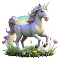 wonderful modern A majestic unicorn with a silver horn and flowing white mane, galloping through a field of wildflowers, illuminated by a rainbow. Art style fantasy painting genuine png