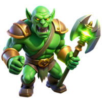 vibrant artistic A fearsome orc with green skin and sharp tusks, wielding a massive axe, illuminated by flickering torchlight. Art style gritty fantasy art premium png