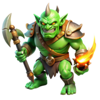 serene modern A fearsome orc with green skin and sharp tusks, wielding a massive axe, illuminated by flickering torchlight. Art style gritty fantasy art exclusive png