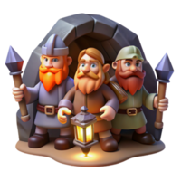 magnificent minimalist A group of adventurous dwarves with beards and axes, exploring a dark cave, illuminated by the light of their lanterns. Art style classic dwarven art high resolution png