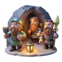vibrant artistic A group of adventurous dwarves with beards and axes, exploring a dark cave, illuminated by the light of their lanterns. Art style classic dwarven art 4K png