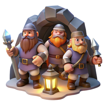 bellissimo Vintage ▾ un' gruppo di avventuroso nani con barbe e assi, esplorando un' buio grotta, illuminato di il leggero di loro lanterne. arte stile classico nano arte alto qualità png