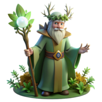 beautiful creative A wise old druid with a crown of leaves and a staff made of branches, surrounded by glowing plants, illuminated by moonlight. Art style nature-inspired fantasy art professional png