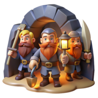 impressive traditional A group of adventurous dwarves with beards and axes, exploring a dark cave, illuminated by the light of their lanterns. Art style classic dwarven art exclusive png