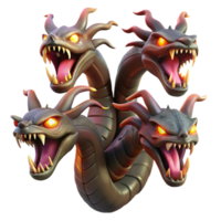 impressive traditional A fierce hydra with multiple heads and venomous fangs, illuminated by flickering torchlight. Art style monstrous creature art premium png