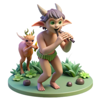 elegant creative A mischievous satyr playing a pan flute, surrounded by dancing nymphs in a twilight grove. Impressionist style with soft, diffused lighting 4K png