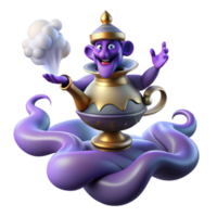 serene classic A powerful djinn emerging from a magic lamp, surrounded by swirling smoke and embers. Arabian Nights style with rich, ornate details premium png