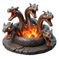 magnificent modern A fearsome hydra with nine serpentine heads, each spitting venomous fumes, rising from a volcanic lake. Dark fantasy art style with intense, fiery lighting original png