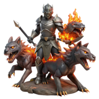 magnificent artistic A valiant knight battling a three-headed chimera in a fiery wasteland. Dark fantasy art style with gritty textures and intense action authentic png