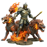 vibrant vintage A valiant knight battling a three-headed chimera in a fiery wasteland. Dark fantasy art style with gritty textures and intense action authentic png