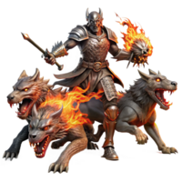 magnificent contemporary A valiant knight battling a three-headed chimera in a fiery wasteland. Dark fantasy art style with gritty textures and intense action professional png