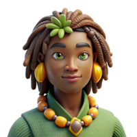 impressive modern Portrait of a person with dreadlocks adorned with beads and shells, lit by warm, tropical sunlight, reggae style professional png