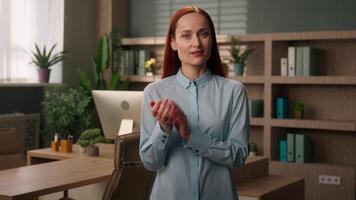Smiling Caucasian business woman glad businesswoman girl employer female manager worker designer architect applauding congratulation in office company clapping hands support applause celebrate success video