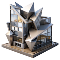impressive abstract Deconstructivist office building, fragmented forms, sharp angles, metallic surfaces, dramatic shadows, abstract art style, professional png
