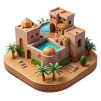 wonderful rustic Desert oasis city, built around a central spring, traditional adobe architecture, warm sunlight, peaceful and harmonious, Middle Eastern art style, detailed png