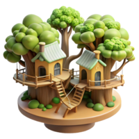 wonderful modern Treehouse village, interconnected by rope bridges, surrounded by lush foliage, whimsical and adventurous, children's book illustration style, professional png